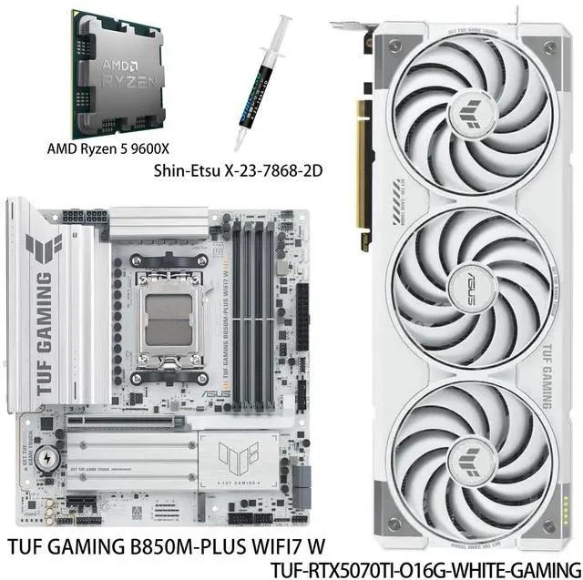 ASUS GPU& Motherboard &Thermal paste & CPU Combo, TUF-RTX5070TI-O16G-WHITE-GAMING Graphics Card, TUF GAMING B850M-PLUS WIFI7 W Motherboard, AMD Ryzen 5 9600X CPU, for AI PC, gaming PC