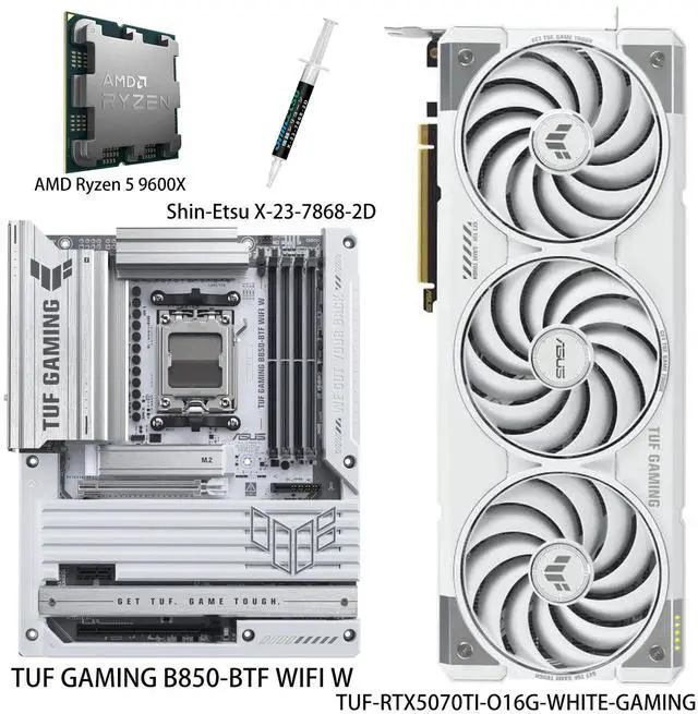 ASUS GPU& Motherboard &Thermal paste & CPU Combo, TUF-RTX5070TI-O16G-WHITE-GAMING Graphics Card, TUF GAMING B850-BTF WIFI W Motherboard, AMD Ryzen 5 9600X CPU, for AI PC, gaming PC
