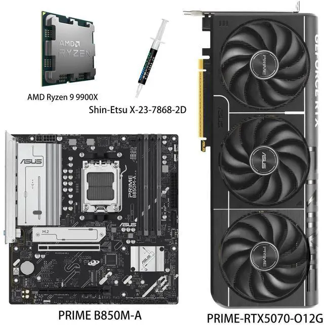 Main image of ASUS GPU& Motherboard &Thermal paste & CPU Combo, PRIME-RTX5070-O12G Graphics Card, PRIME B850M-A Motherboard, AMD Ryzen 9 9900X CPU,for Powering Advanced AI PC