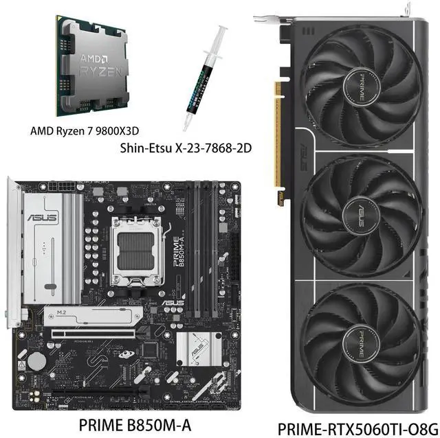 Main image of ASUS GPU& Motherboard &Thermal paste & CPU Combo, PRIME-RTX5060TI-O8G Graphics Card, PRIME B850M-A Motherboard, AMD Ryzen 7 9800X3D CPU, for Powering Advanced AI PC