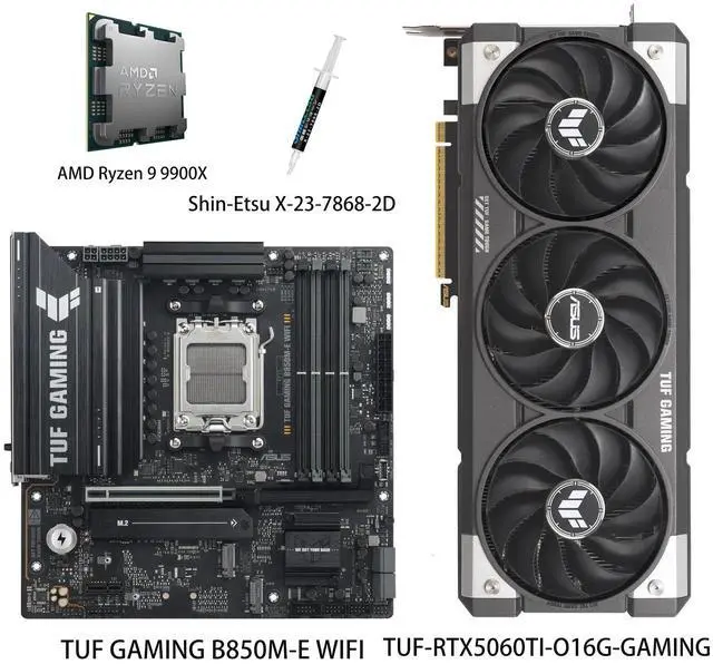 Main image of ASUS GPU& Motherboard &Thermal paste & CPU Combo, TUF-RTX5060TI-O16G-GAMING Graphics Card, TUF GAMING B850M-E WIFI Motherboard, AMD Ryzen 9 9900X CPU, for AI PC, gaming PC