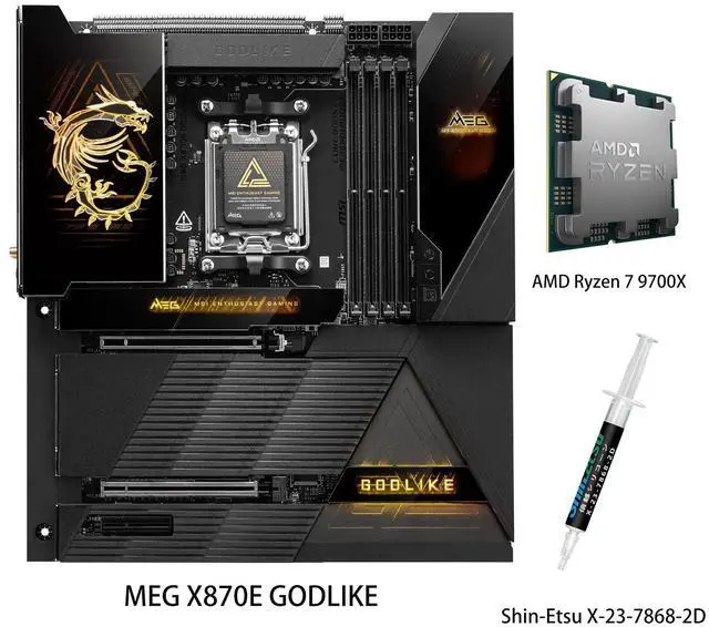 Main image of MSI MEG X870E GODLIKE Motherboard & AMD Ryzen 7 9700X CPU Combo, MEG X870E GODLIKE AM5 AMD X870E Extended ATX Motherboard
