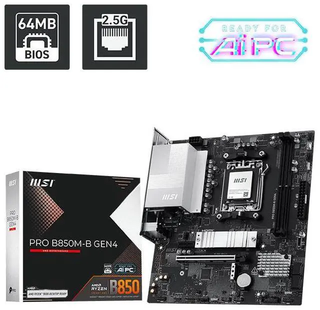 Alt view image 4 of 5 - MSI PRO B850M-B GEN4 Motherboard, Supports CPUs: 9800X3D, 9850X3D, 9700X, 9600X (AMD B850/AM5 Socket)