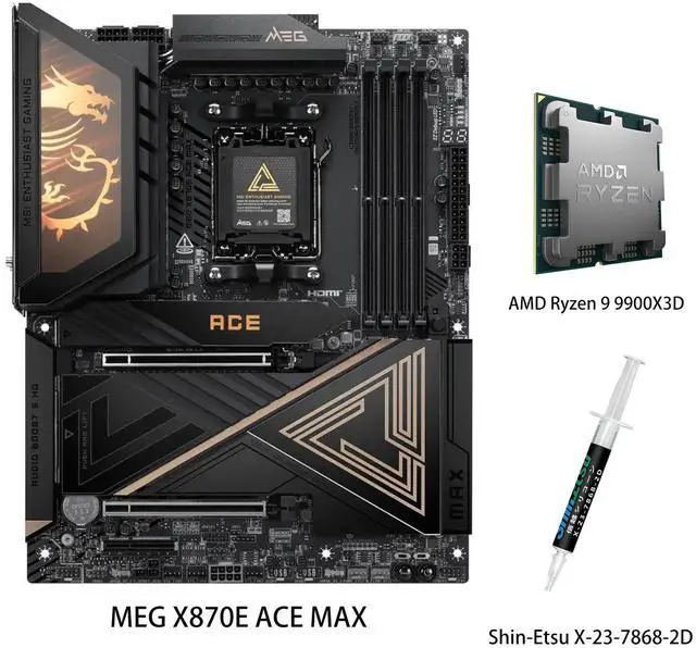 Main image of MSI MEG X870E ACE MAX Motherboard & AMD Ryzen 9 9900X3D CPU Combo,ATX - Supports AMD Ryzen 9000 / 8000 / 7000 Processors, AM5 - 64MB BIOS ROM, 110A SPS VRM, DDR5 Memory (up to 9000+ MT/s OC)