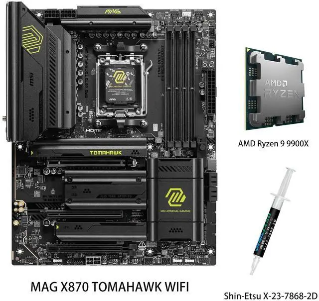Main image of MSI MAG X870 TOMAHAWK WIFI Motherboard & AMD Ryzen 9 9900X CPU Combo, AM5 - 80A SPS VRM, DDR5 Memory Boost 8400+MT/s (OC), PCIe 5.0 x16 & 4.0 x16, M.2 Gen5, Wi-Fi 7, 5G LAN