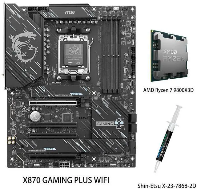 Main image of MSI X870 GAMING PLUS WIFI Motherboard & AMD Ryzen 7 9800X3D CPU Combo, AM5 - 60A SPS VRM, DDR5 Memory Boost 8200+ MT/s (OC), PCIe 5.0 x16 & 4.0 x16, M.2 Gen5, Wi-Fi 7, 5G LAN