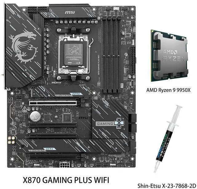 Main image of MSI X870 GAMING PLUS WIFI Motherboard & AMD Ryzen 9 9950X CPU Combo, AM5 - 60A SPS VRM, DDR5 Memory Boost 8200+ MT/s (OC), PCIe 5.0 x16 & 4.0 x16, M.2 Gen5, Wi-Fi 7, 5G LAN