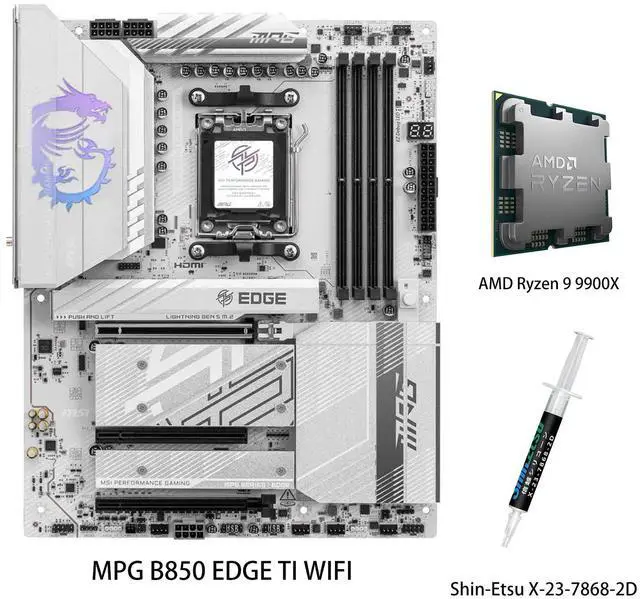 Main image of MSI MPG B850 EDGE TI WIFI White Motherboard & AMD Ryzen 9 9900X CPU Combo, AM5 - 80A SPS VRM, DDR5 Memory Boost (8400+MT/s OC), PCIe 5.0 x16, M.2 Gen5, Wi-Fi 7, 5G LAN