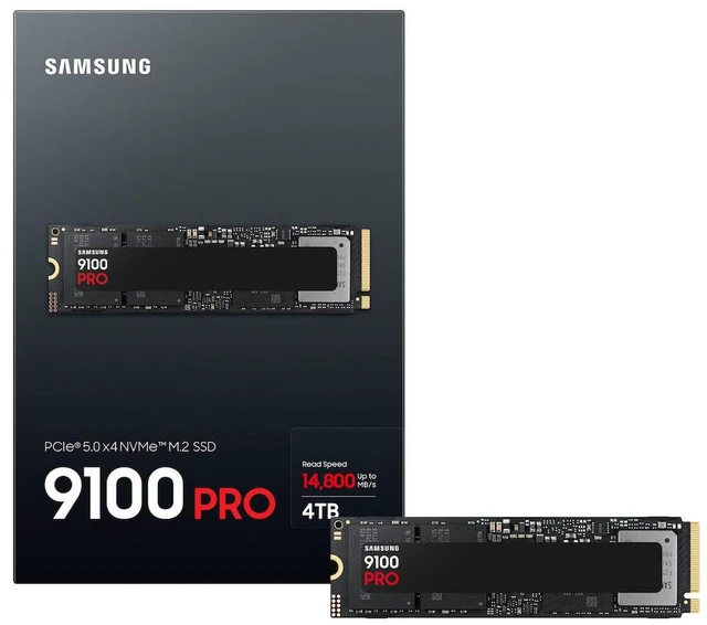Main image of SAMSUNG 9100 PRO 4TB Internal NVMe M.2 2280 SSD, PCIe Gen5 x4 NVMe 2.0, Up to 14800MB/s Read 13400MB/s Write, V-NAND TLC, 4GB DRAM Cache, 2400TBW, AES 256 Encryption, Max 9g,Gaming PC Laptop Storage