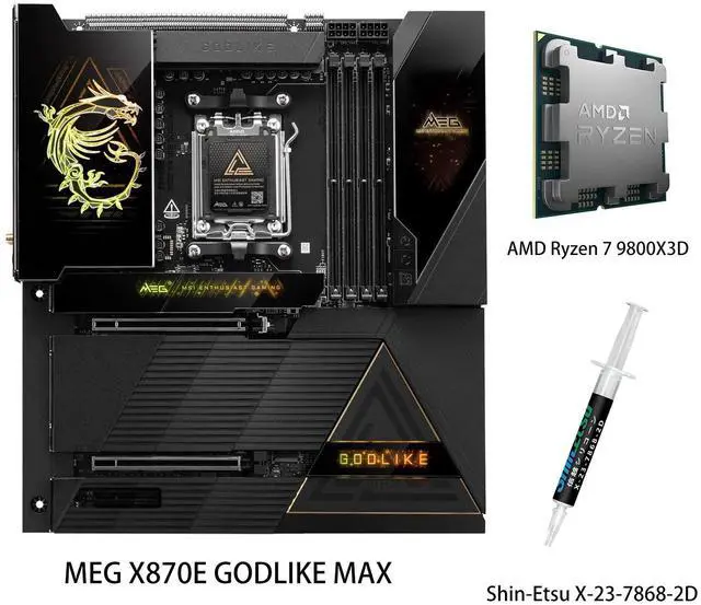 Main image of MSI MEG X870E GODLIKE MAX,Motherboard & AMD Ryzen 7 9800X3D CPU Combo, AM5 - Dynamic Dashboard III, EZ Slide M.2, 64MB BIOS ROM, 110A SPS, M.2 & PCIe 5.0, USB4, Wi-Fi 7, 10G + 5G LAN