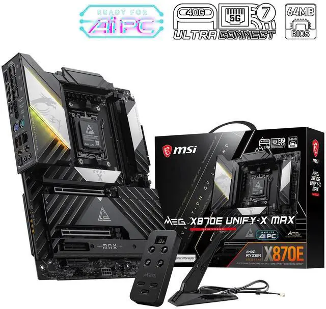 Main image of MSI MEG X870E UNIFY-X MAX Gaming Motherboard, AMD AM5 Ryzen 9000/8000/7000, DDR5 10600+ OC, PCIe 5.0, 5x M.2 Gen5, Wi-Fi 7, 5G LAN, USB4, 18+2+1 Power, USB 20G Type-C 60W