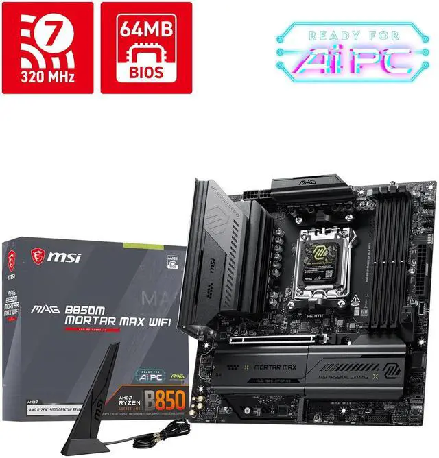 Main image of MSI MAG B850M MORTAR MAX WIFI Motherboard, supports CPUs 9800X3D/9700X/9850X3D (AMD B850/AM5 socket)
