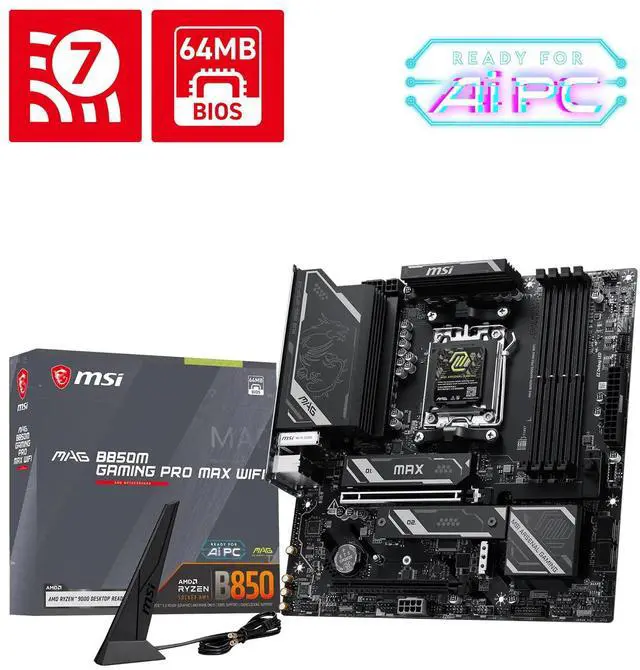 Main image of MSI MAG B850M GAMING PRO MAX WIFI Motherboard, AMD Ryzen 9000/8000/7000 Ready, DDR5 8200+ MT/s OC, 8+2+1 60A Power, PCIe 5.0, Gen5 M.2, 5G LAN, Wi-Fi 7, USB-C