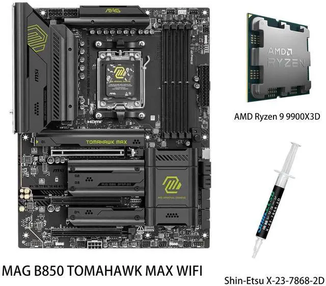 Main image of MSI MAG B850 TOMAHAWK MAX WIFI Motherboard& AMD Ryzen 9 9900X3D CPU Combo, AM5 - 80A SPS VRM, DDR5 Memory Boost 8400+ MT/s (OC), PCIe 5.0 x16, M.2 Gen5, Wi-Fi 7, 5G LAN