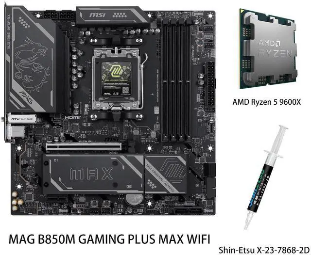Main image of MSI MAG B850 GAMING PLUS MAX WIFI Motherboard & AMD Ryzen 5 9600X CPU Combo, AM5, DDR5 Memory Boost (up to 8200+ MT/s OC), PCIe 5.0 x16, M.2 Gen5, Wi-Fi 7, 5G LAN