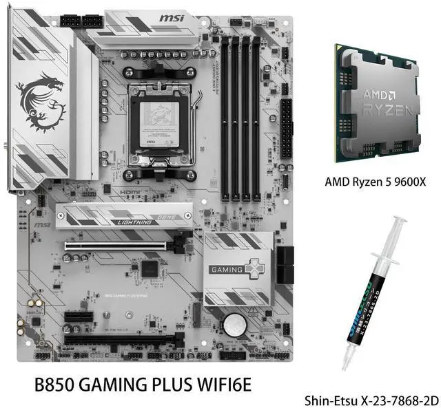 Main image of MSI B850 GAMING PLUS WIFI6E Motherboard & AMD Ryzen 5 9600X CPU Combo, AM5 - DDR5 Memory Boost 8200+ MT/s (OC), PCIe 4.0 x16, M.2 Gen5, Wi-Fi 6E, 2.5G LAN