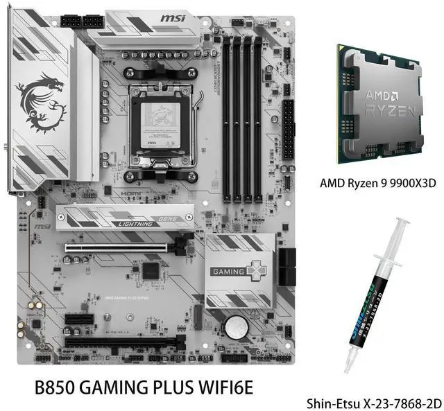Main image of MSI B850 GAMING PLUS WIFI6E Motherboard & AMD Ryzen 9 9900X3D CPU Combo, AM5 - DDR5 Memory Boost 8200+ MT/s (OC), PCIe 4.0 x16, M.2 Gen5, Wi-Fi 6E, 2.5G LAN