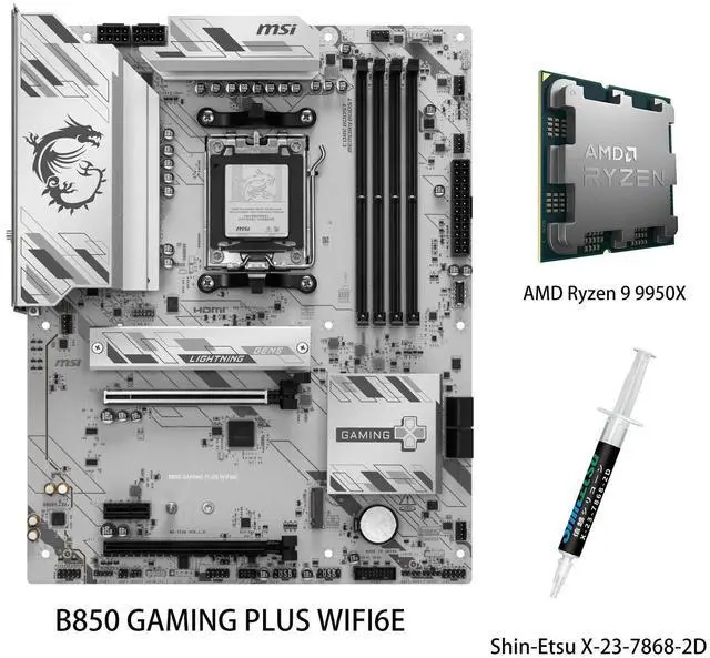 Main image of MSI B850 GAMING PLUS WIFI6E Motherboard & AMD Ryzen 9 9950X CPU Combo, AM5 - DDR5 Memory Boost 8200+ MT/s (OC), PCIe 4.0 x16, M.2 Gen5, Wi-Fi 6E, 2.5G LAN