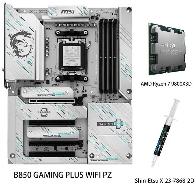 Main image of MSI B850 GAMING PLUS WIFI PZ Motherboard & AMD Ryzen 7 9800X3D CPU Combo, 12+2+1 DRPS, DDR5, PCIe 5.0, Lighting Gen 5 x4 M.2, Wi-Fi 7, 5Gb LAN, USB 10Gbps Type-C