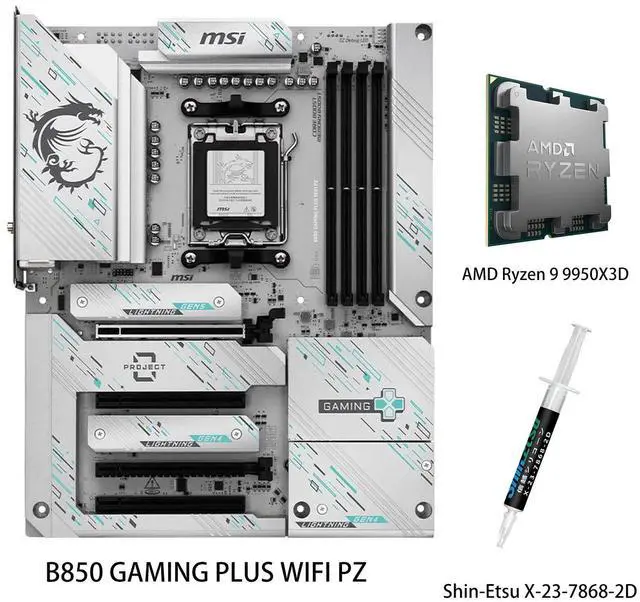 Main image of MSI B850 GAMING PLUS WIFI PZ Motherboard & AMD Ryzen 9 9950X3D CPU Combo, 12+2+1 DRPS, DDR5, PCIe 5.0, Lighting Gen 5 x4 M.2, Wi-Fi 7, 5Gb LAN, USB 10Gbps Type-C