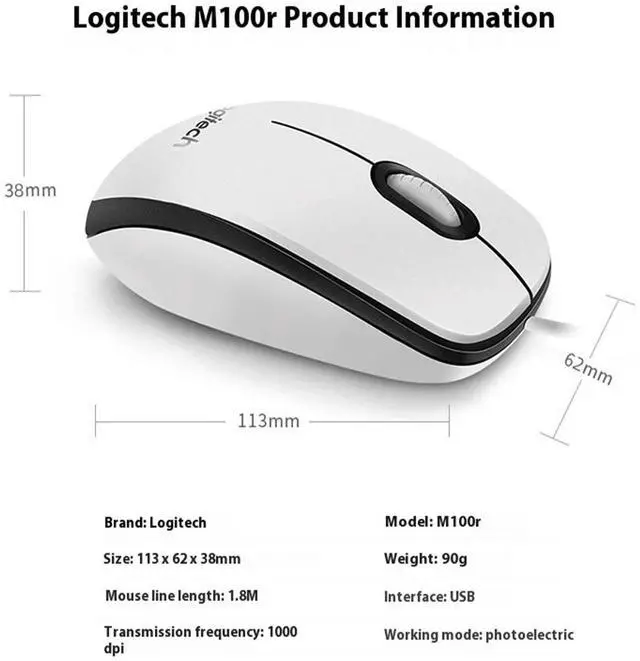Alt view image 7 of 7 - Logitech M100R Mouse wired Mouse, Office Mouse Light Mouse Symmetric Mouse, 1000dpi, for Windows® 7 or later/macOS 10.11 or later/ChromeOS, Black