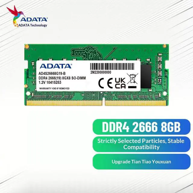 Main image of ADATA DDR4 memory, 8GB capacity, 2666MHz frequency, 260Pin SODIMM DDR4 laptop specification.