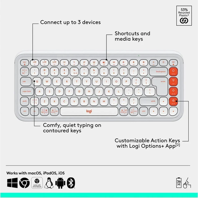 Alt view image 3 of 7 - Logitech POP ICON COMBO Bluetooth Keyboard and Mouse, Compact TKL Bluetooth Keyboard and Mouse Bundle with Programmable Quiet Keys and Buttons -off-white