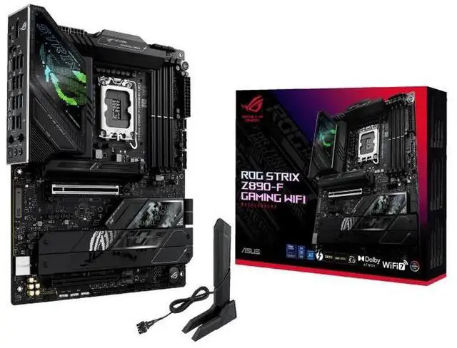 Main image of ASUS ROG STRIX Z890-F GAMING WIFI Intel Z890 LGA 1851 ATX motherboard, DDR5 slots, DIMM Flex, AEMP III, WiFi 7, 5×M.2 slots,NPU Boost, ASUS AI Advisor, AI Overclocking, AI Cooling II, Polymo Lighting