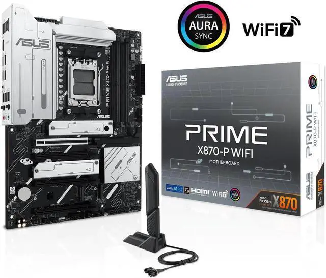 Main image of ASUS PRIME X870-P WIFI AMD AM5 X870 ATX motherboard 14+2+1 80A DrMOS power stages, DDR5, PCIe 5.0 , PCIe 5.0 x16, Q-Release, 4x M.2 , Wi-Fi 7, Q-Antenna, 2.5Gb LAN, USB4, USB Type-C, BIOS FlashBack
