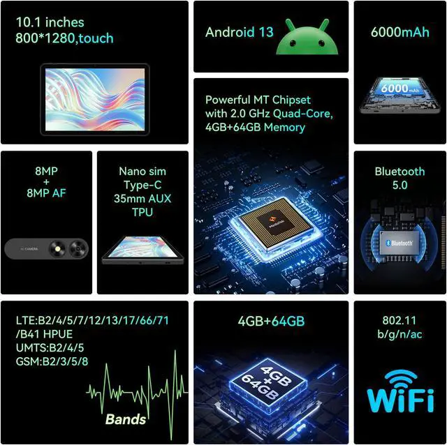 Alt view image 2 of 7 - FOXXD C10 Smart Calling Tablet - 10.1" HD Display, 8MP Cameras, 4GB RAM, 64GB Storage,
Quad-Core CPU, 5000mAh Battery, 4G, USB-C, BT 5.0, Wi-Fi 802.11 b/g/n/ac, and Multi-Band Network Support - Black