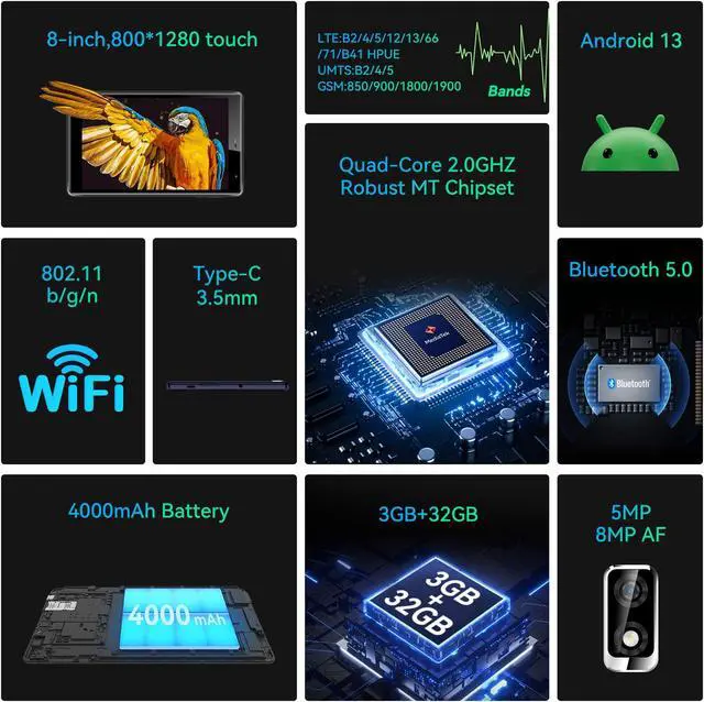 Alt view image 2 of 7 - FOXXD V8 Tablet - 8.25" HD Display, 5MP+8MP AF Cameras, 3GB RAM, 32GB Storage,
MediaTek Quad-Core 2.0GHz CPU, 4000mAh Battery, 4G, USB-C, BT 5.0, Wi-Fi 802.11 b/g/n/ac,MultiBand Network Support -Black