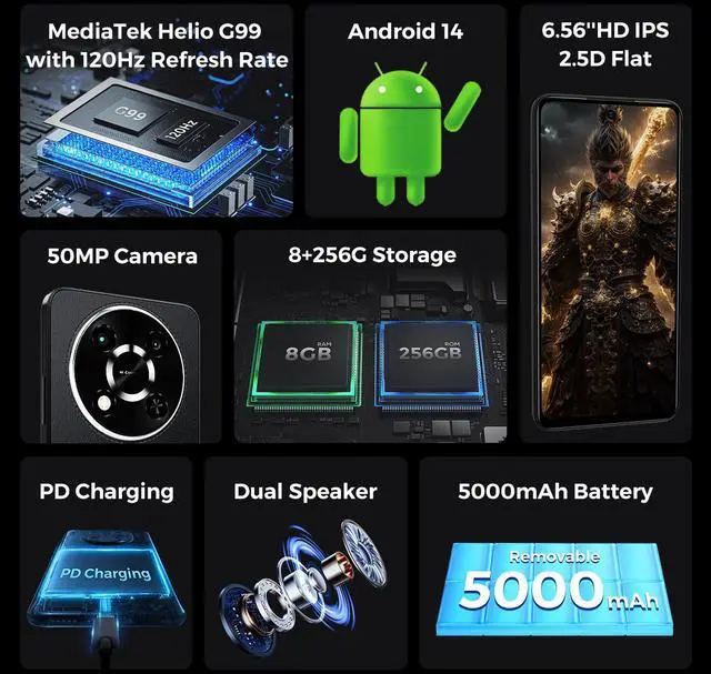 Alt view image 3 of 7 - FOXX G1 Gaming Smartphone Unlocked 4G Cellphone 6.56'' HD Display 120Hz 50MP Camera Android 14 Smartphone 8+256GB 5000mAh Battery Fast Charging Andriod Phone, Unlock Smart Phone, 4G Dual SIM, GPS