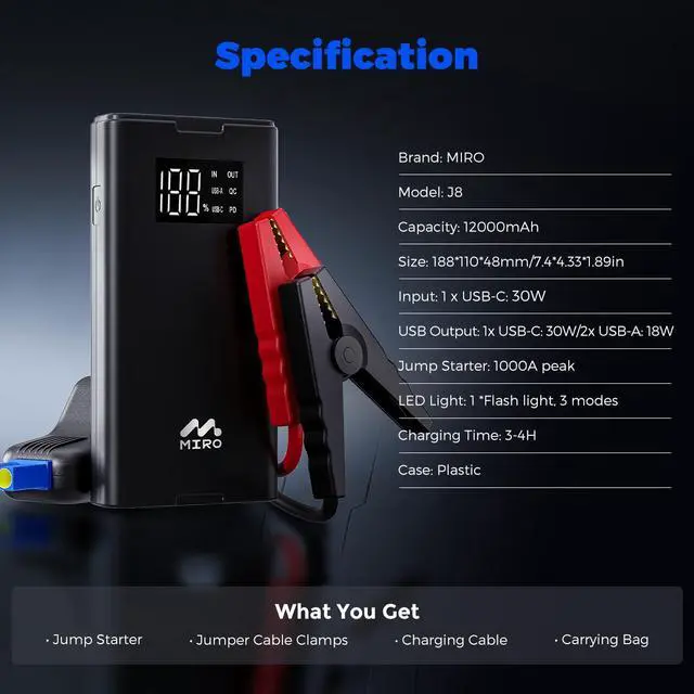 Alt view image 4 of 4 - Miro J8 1000A Jump Starter,12000mAh Battery Jumper Starter Portable with LED Display, 30W Quick Charge,12V Car Battery Jump Starter Pack with Booster,LED Light,Jumper Cables