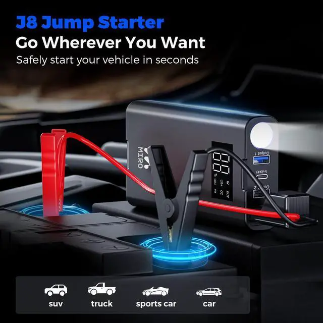 Alt view image 2 of 4 - Miro J8 1000A Jump Starter,12000mAh Battery Jumper Starter Portable with LED Display, 30W Quick Charge,12V Car Battery Jump Starter Pack with Booster,LED Light,Jumper Cables