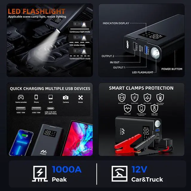 Alt view image 3 of 4 - Miro J8 1000A Jump Starter,12000mAh Battery Jumper Starter Portable with LED Display, 30W Quick Charge,12V Car Battery Jump Starter Pack with Booster,LED Light,Jumper Cables