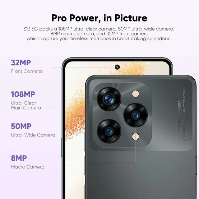 Alt view image 4 of 7 - FOXX S13 5G Cell Phone, Android 14 Unlocked Phones, 12GB +256GB TF Expand, 5G Dual SIM, 108MP Camera, 6.67" HD+ 120Hz Display,  Fingerprint Unlock, 5000mAh Android Phone