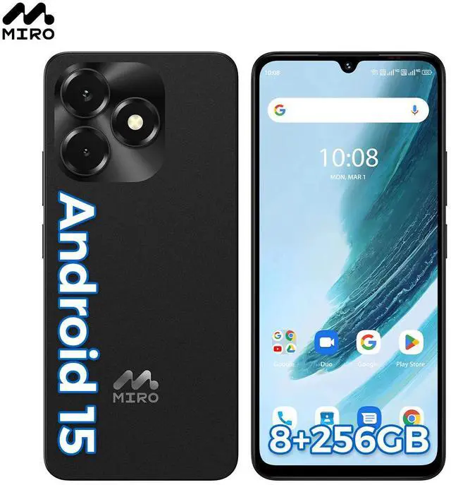 Main image of MIRO C69M Pro 5G Cell Phone, Android 15 Unlocked Phones, 8 GB +256GB 5G Dual SIM, 50MP Camera, 6.9" Water Drop Display, Fingerprint Unlock, 5160mAh Android Phone Black