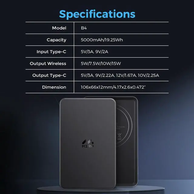 Alt view image 7 of 7 - MIRO B4 Power Bank - 5000mAh Compact Magnetic Wireless Charger, 15W Fast Charge, Card - Style Portable Design