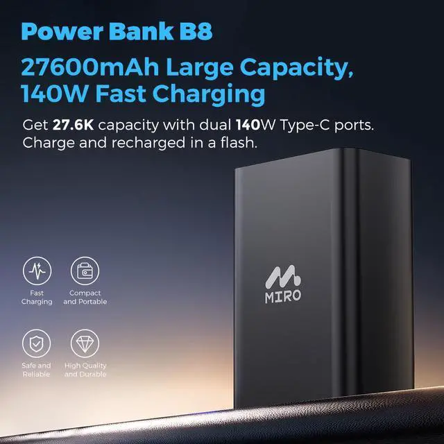 Alt view image 2 of 7 - MIRO B8 Power Bank - 27600mAh Massive Capacity, 140W Super Fast Charging, Multi - Port for 4 Devices Simultaneous Charge
