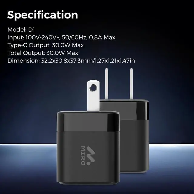 Alt view image 6 of 6 - MIRO D1 GaN 1C 30W Wall Charger