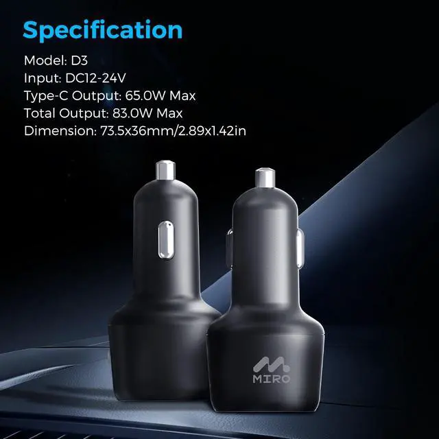 Alt view image 6 of 6 - MIRO D3 PD65W+QC3.0 Car charger