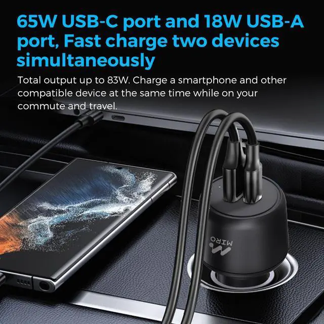 Alt view image 3 of 6 - MIRO D3 PD65W+QC3.0 Car charger