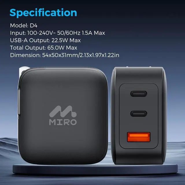 Alt view image 6 of 6 - MIRO D4 GaN PD3.0 2C1A 65W Wall Charger