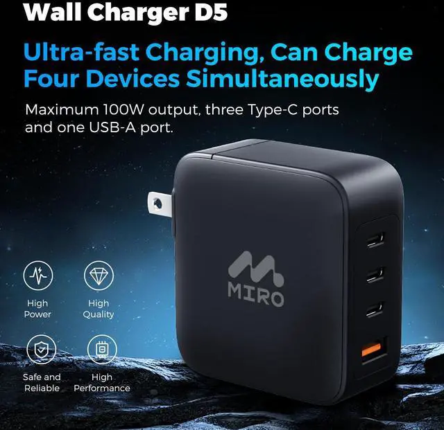 Alt view image 2 of 6 - MIRO D5 GaN PD3.0 3C1A 100W Wall Charger