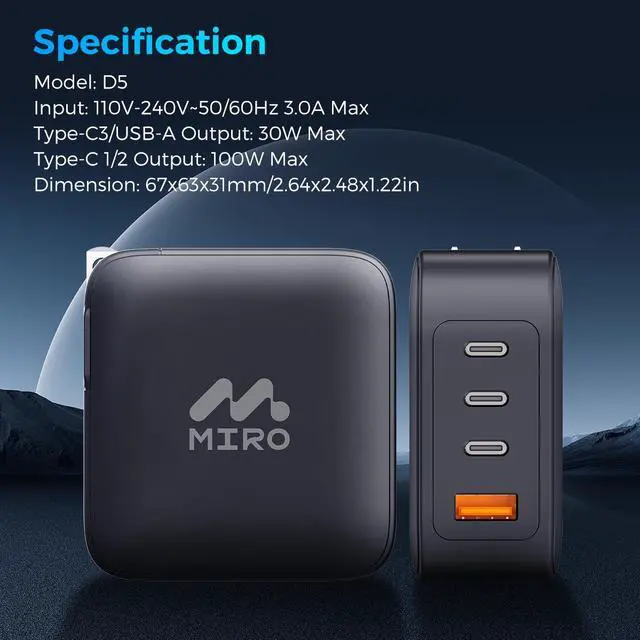 Alt view image 6 of 6 - MIRO D5 GaN PD3.0 3C1A 100W Wall Charger