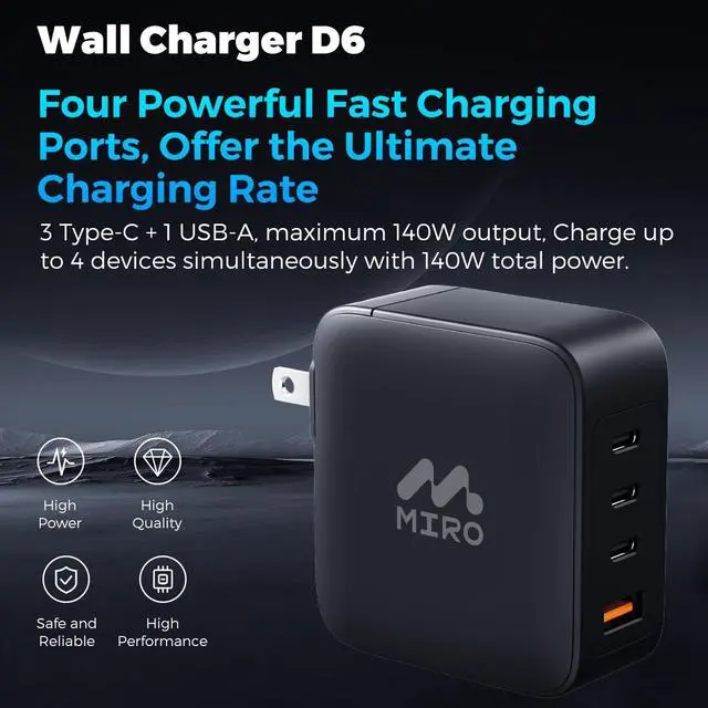 Alt view image 2 of 6 - MIRO D6 GaN PD3.1 3C1A 140W Wall Charger