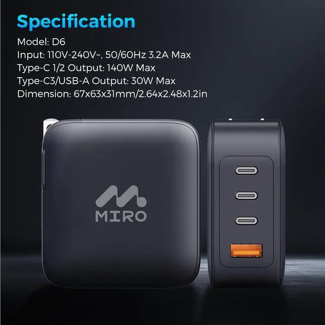 Alt view image 6 of 6 - MIRO D6 GaN PD3.1 3C1A 140W Wall Charger
