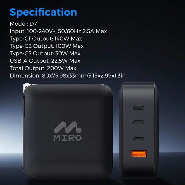 Alt view image 6 of 6 - MIRO D7 GaN PD3.1 3C1A 200W Wall Charger