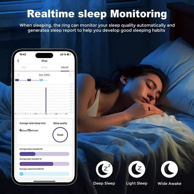 Alt view image 4 of 7 - MIRO R1E HealthWear ECG Ultra-Thin AI Smart Ring 10-Day Battery Life Fitness/Sleep/Stress/HR Tracker iOS Android Compatible Black 10