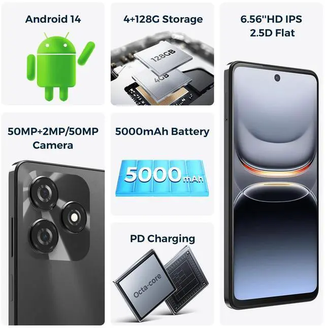 Alt view image 3 of 7 - MIRO C1 Unlocked 4G Cellphone 6.56'' 50MP Camera Android 14 Smartphone 4+128GB 5000mAh Battery Unlock Smart Phone